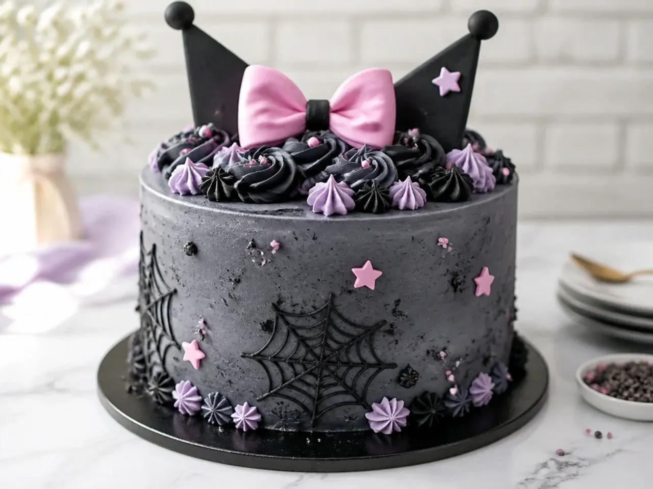 Common mistakes to avoid when making a Kuromi cake for girls including grey black buttercream