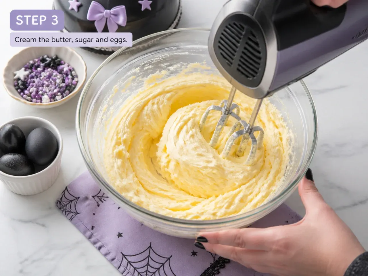 kuromi cake ideas — step 3: cream the butter, sugar and eggs