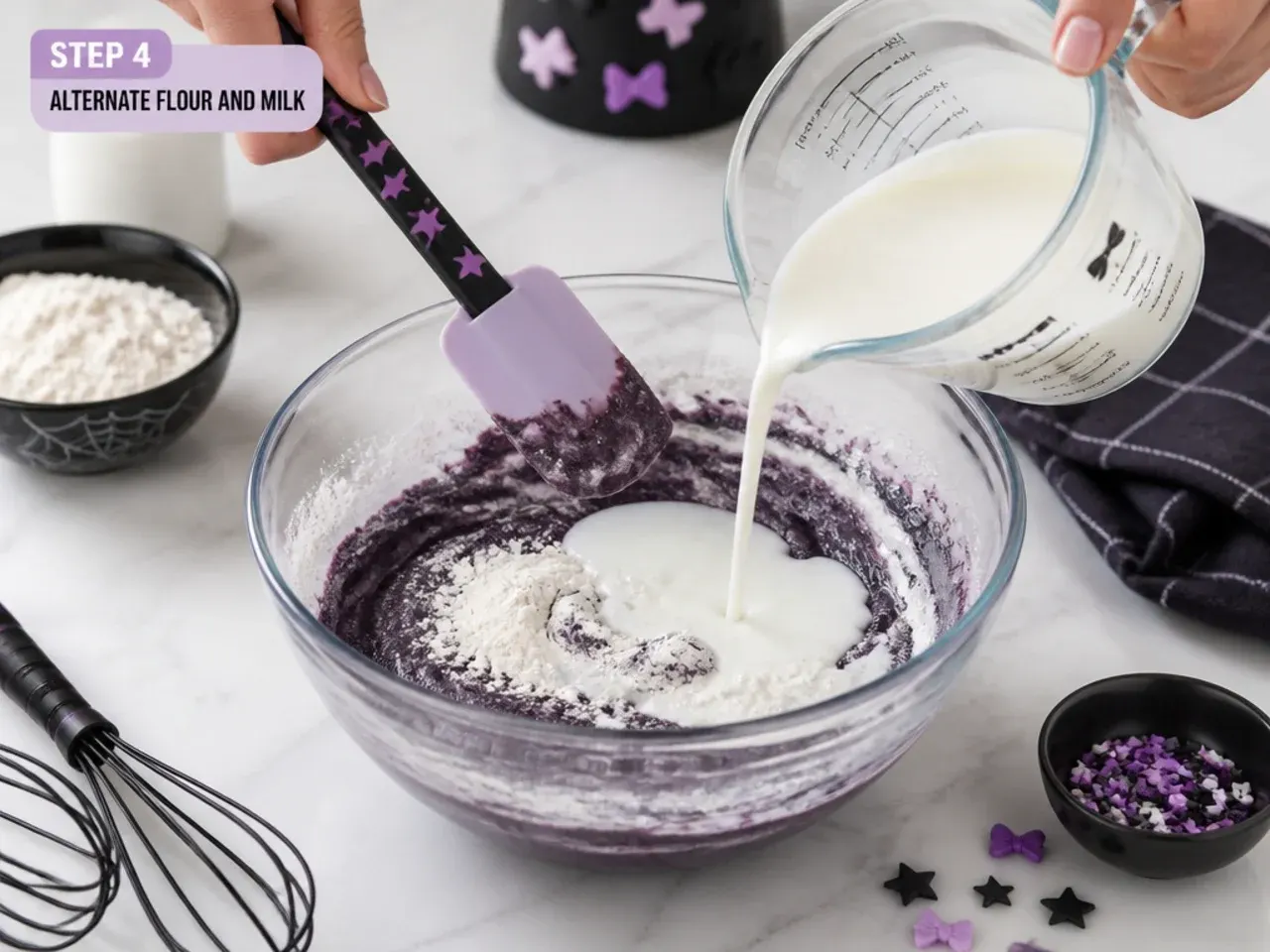 kuromi cake ideas — step 4: alternate flour and milk