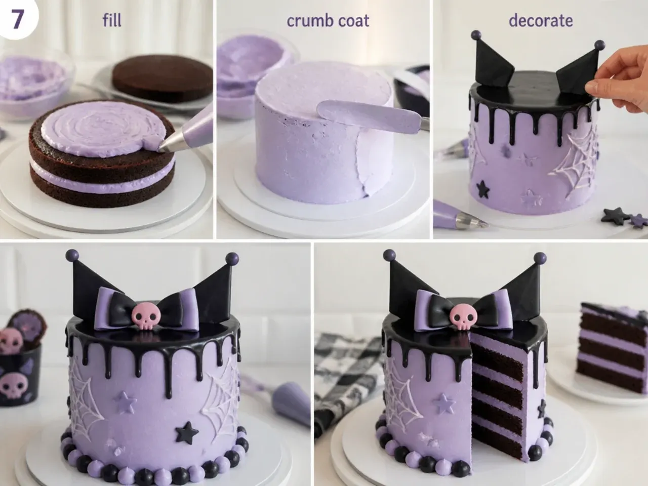kuromi cake ideas — step 7: fill, crumb coat and decorate
