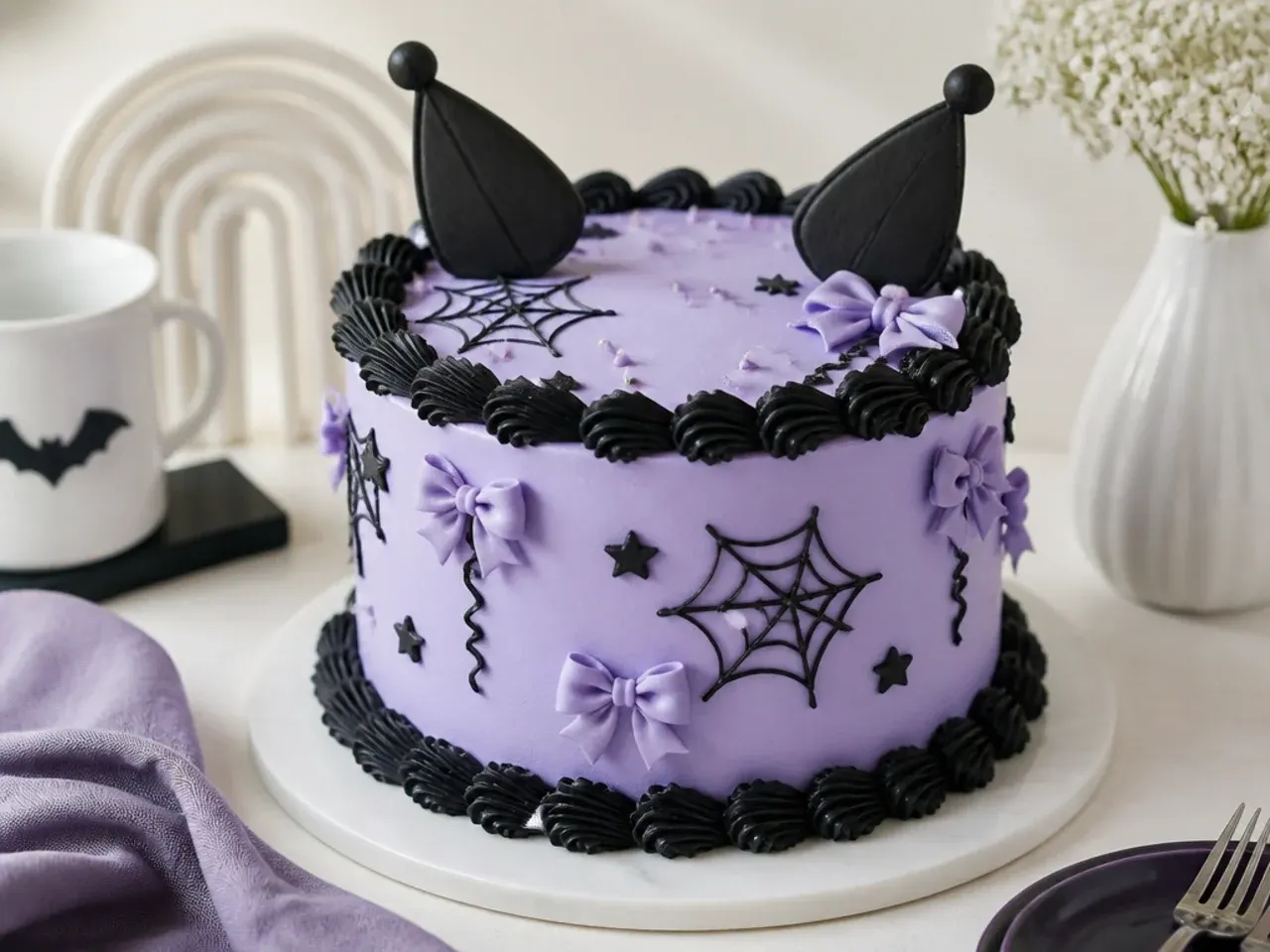 Classic kuromi cake idea with lilac buttercream and black piped shell borders