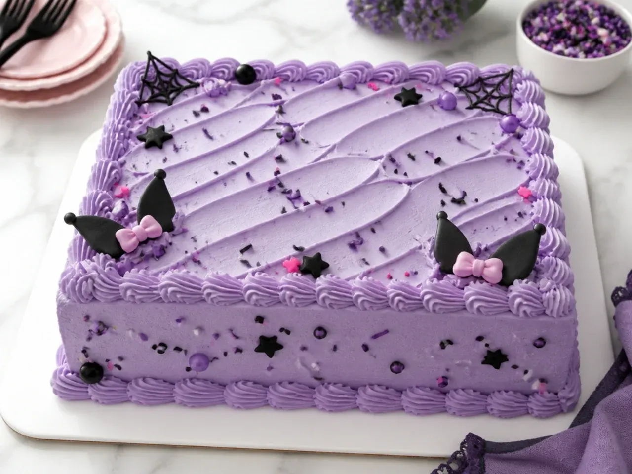 Easy kuromi sheet cake idea with lilac frosting swoops and purple and black sprinkles