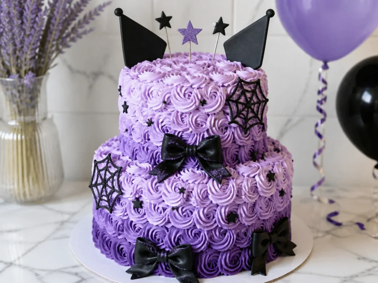 Two-tier kuromi birthday cake idea covered in ombre purple buttercream rosettes