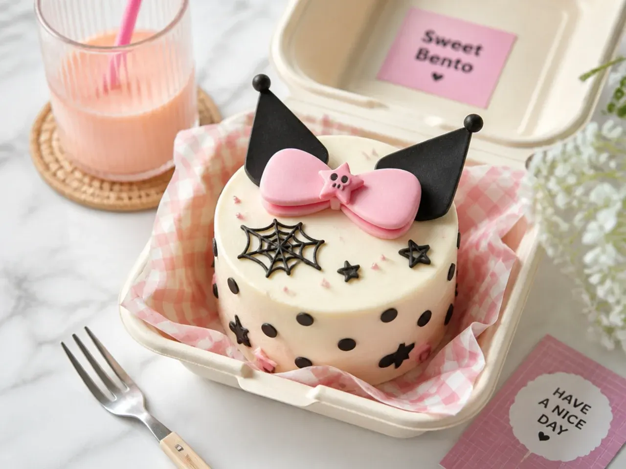 Mini kuromi bento cake idea with black polka dots and a pink bow