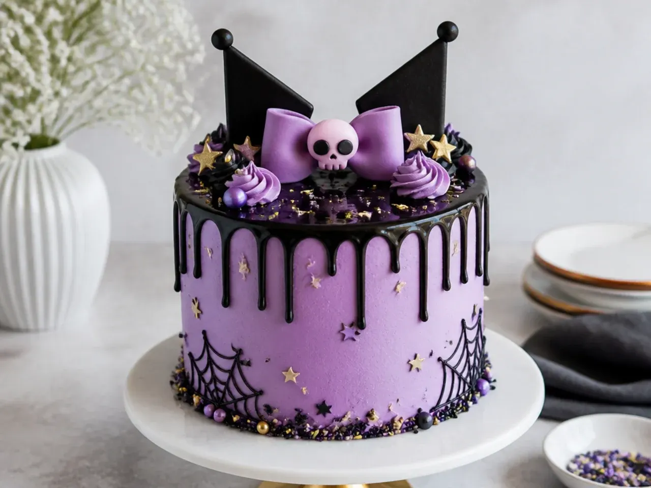 Modern kuromi drip cake idea with black ganache drips and gold star sprinkles
