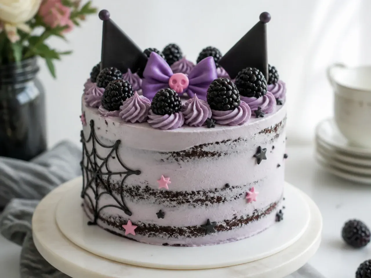 Rustic semi-naked kuromi theme cake idea topped with fresh blackberries