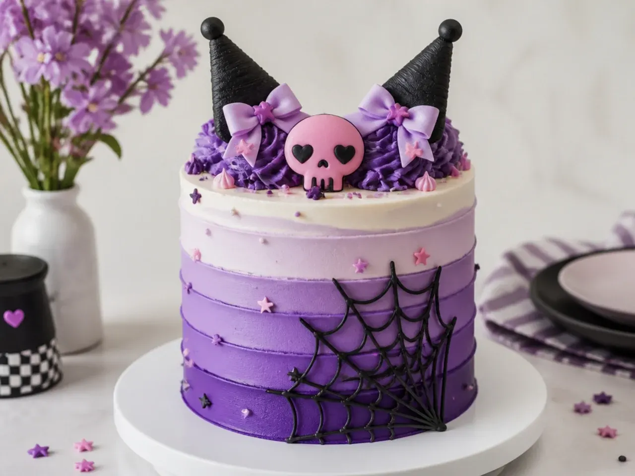 Colorful kuromi cake idea with purple ombre buttercream stripes