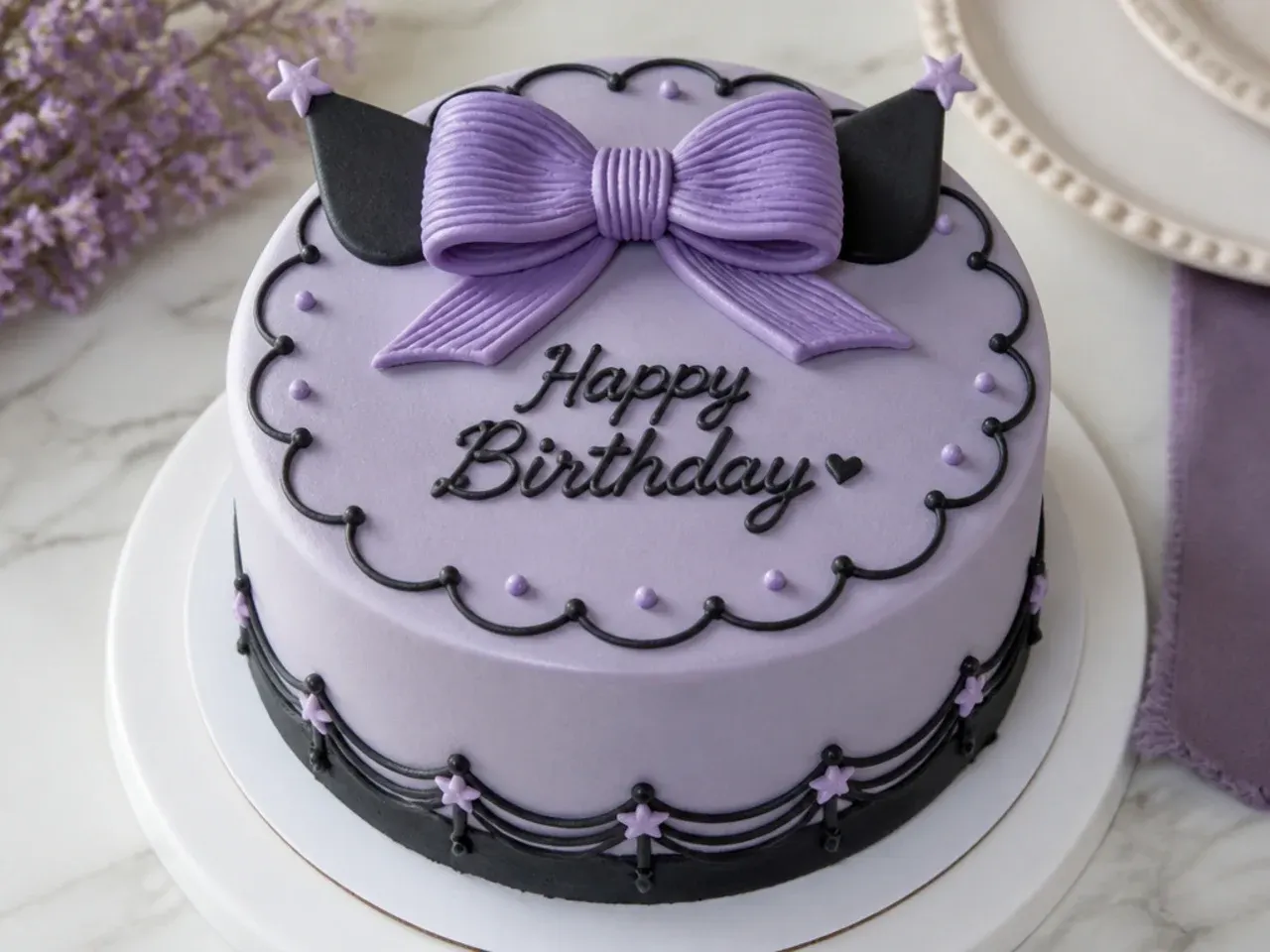 Minimal kuromi-inspired cake idea with a single piped purple bow and script lettering