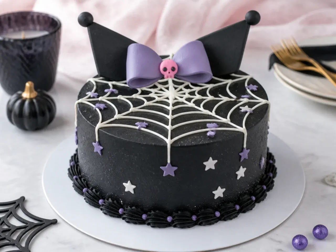 Festive Halloween kuromi cake idea with a piped white spiderweb on black buttercream