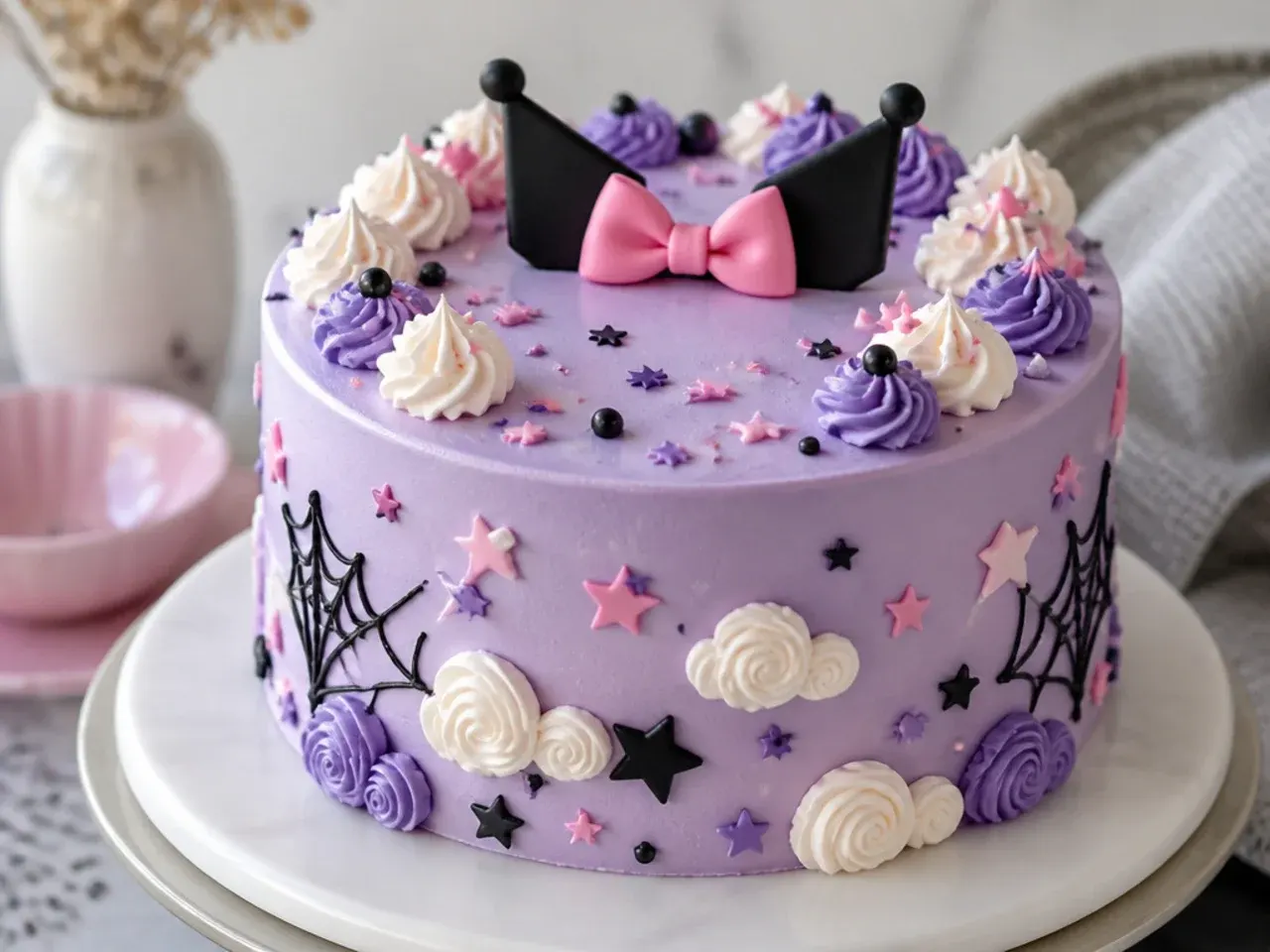 Whimsical kuromi cake idea with piped buttercream clouds and star sprinkles