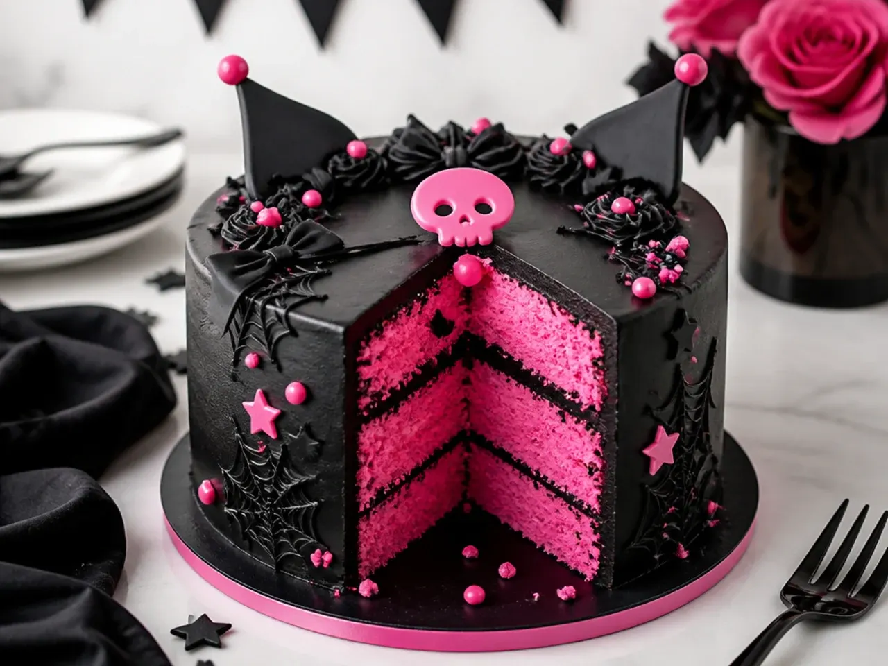 Bold black kuromi birthday cake idea with a hot pink buttercream interior