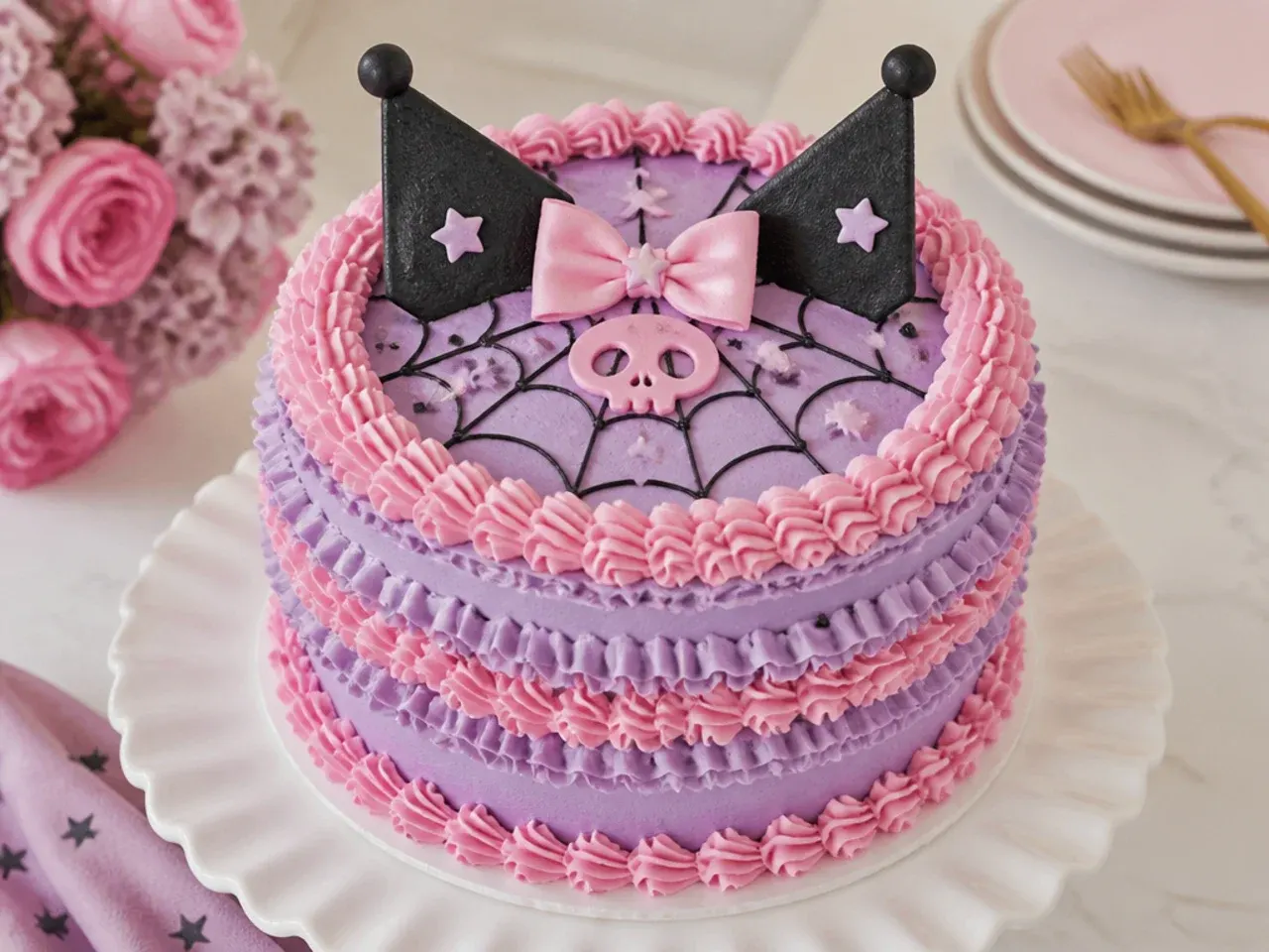 Delicate kuromi cake idea with pink and lilac buttercream ruffles