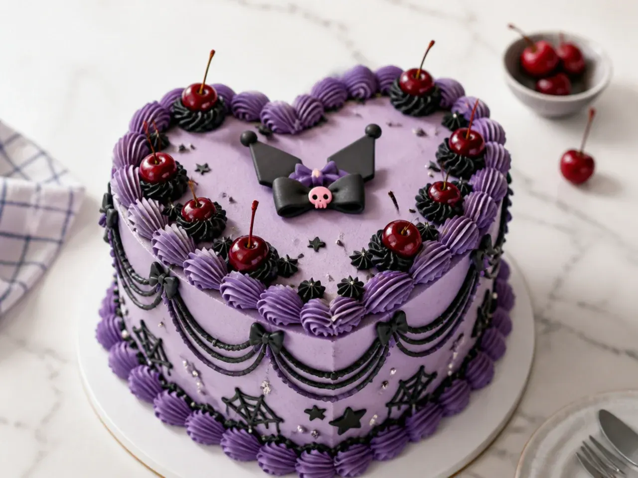 Vintage heart-shaped kuromi cake idea with Lambeth-style purple piping and cherries