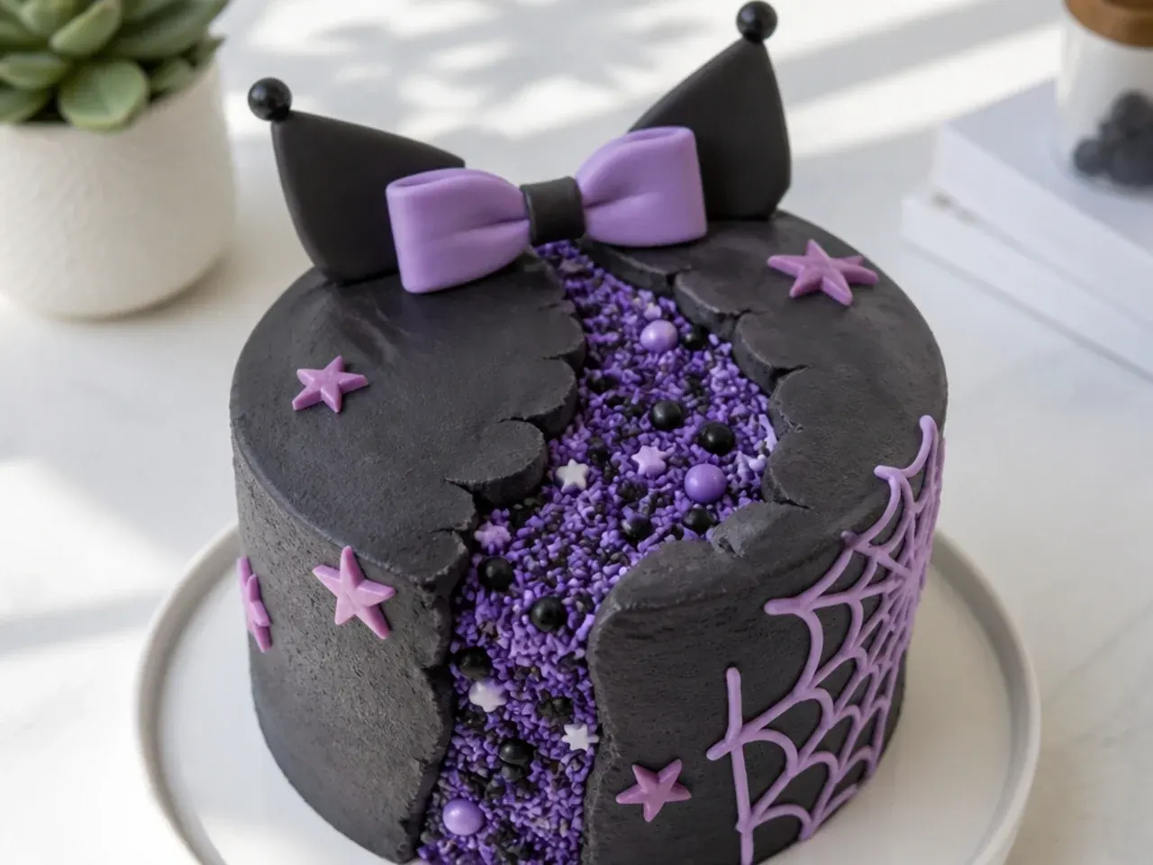 Creative kuromi fault line cake idea revealing a strip of purple and black sprinkles