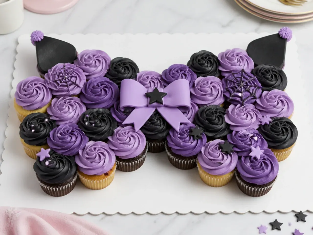 Charming pull-apart kuromi cupcake cake idea shaped like a giant bow