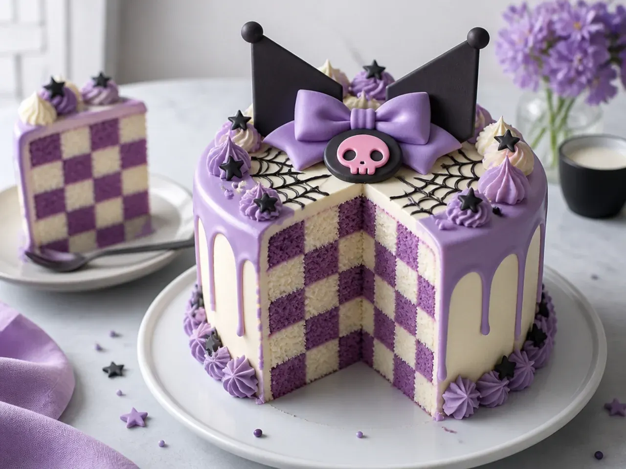 Classic kuromi theme cake idea with a purple and white checkerboard interior