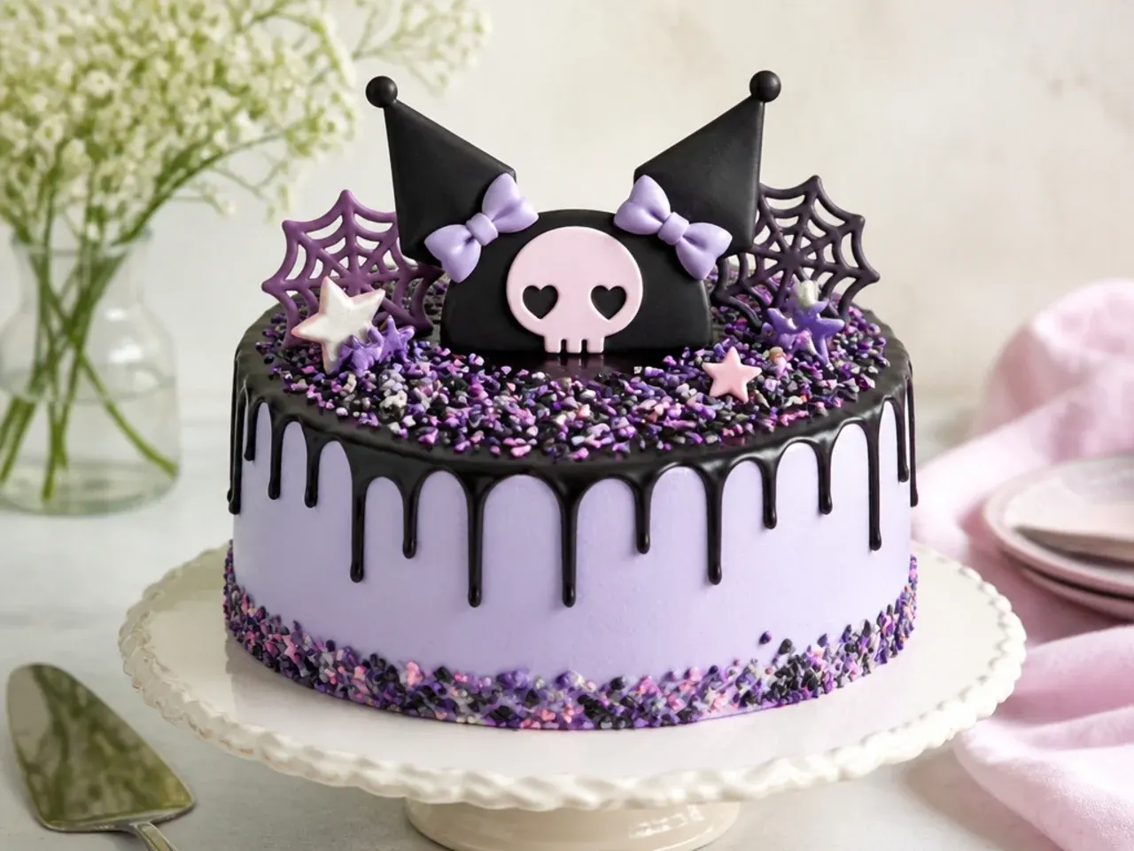 Quick kuromi cake idea made by upgrading a store-bought cake with sprinkles and a topper
