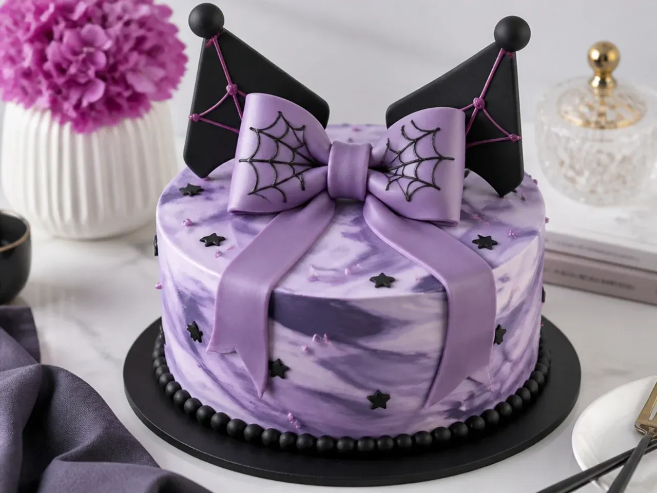 Elegant kuromi cake idea with marbled purple fondant and a large gum-paste bow