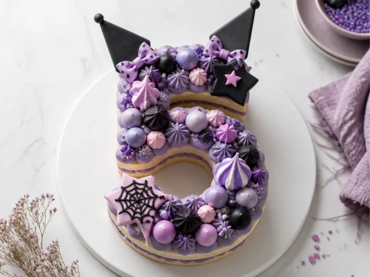 Playful kuromi number cake idea topped with purple candies and meringue kisses