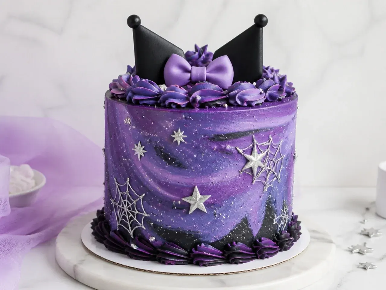 Modern galaxy kuromi cake idea with marbled purple buttercream and silver lustre stars