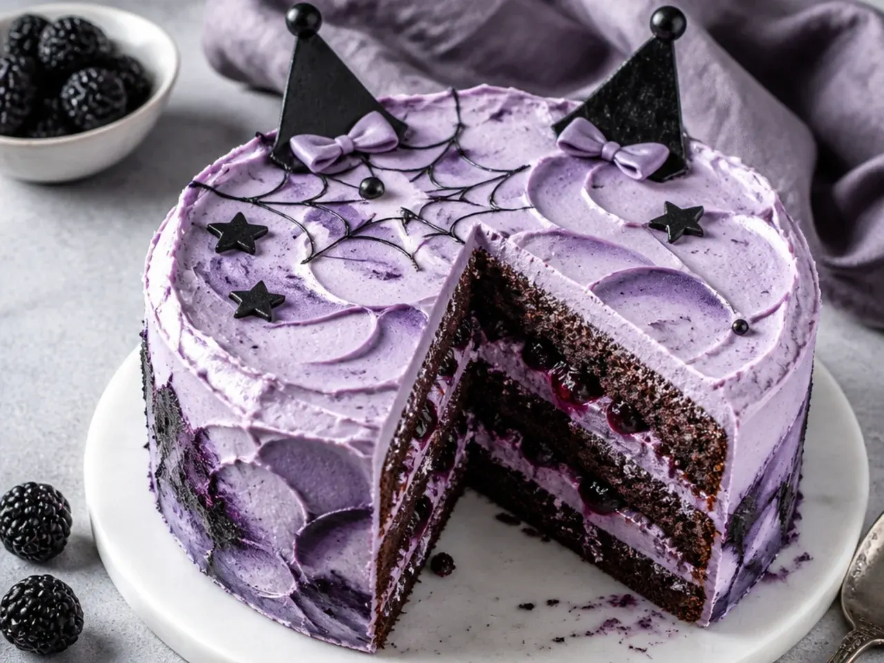 Rustic kuromi cake idea with spoon-swirled lilac buttercream and blackberry filling