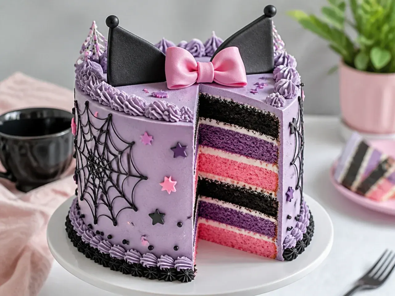Colorful kuromi layer cake idea with pink, purple and black striped layers inside