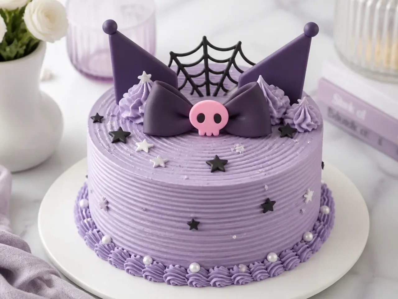 Minimal tone-on-tone purple kuromi cake idea with combed buttercream lines