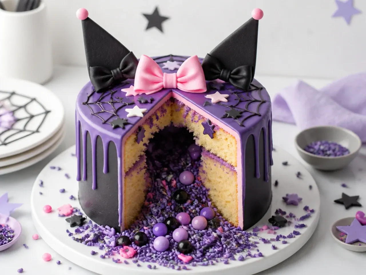 Festive kuromi pinata cake idea spilling sweets and purple sprinkles from the centre