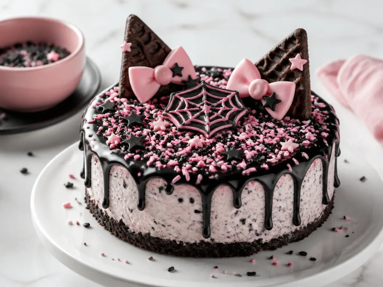 Whimsical no-bake kuromi ice cream cake idea covered in pink and black sprinkles