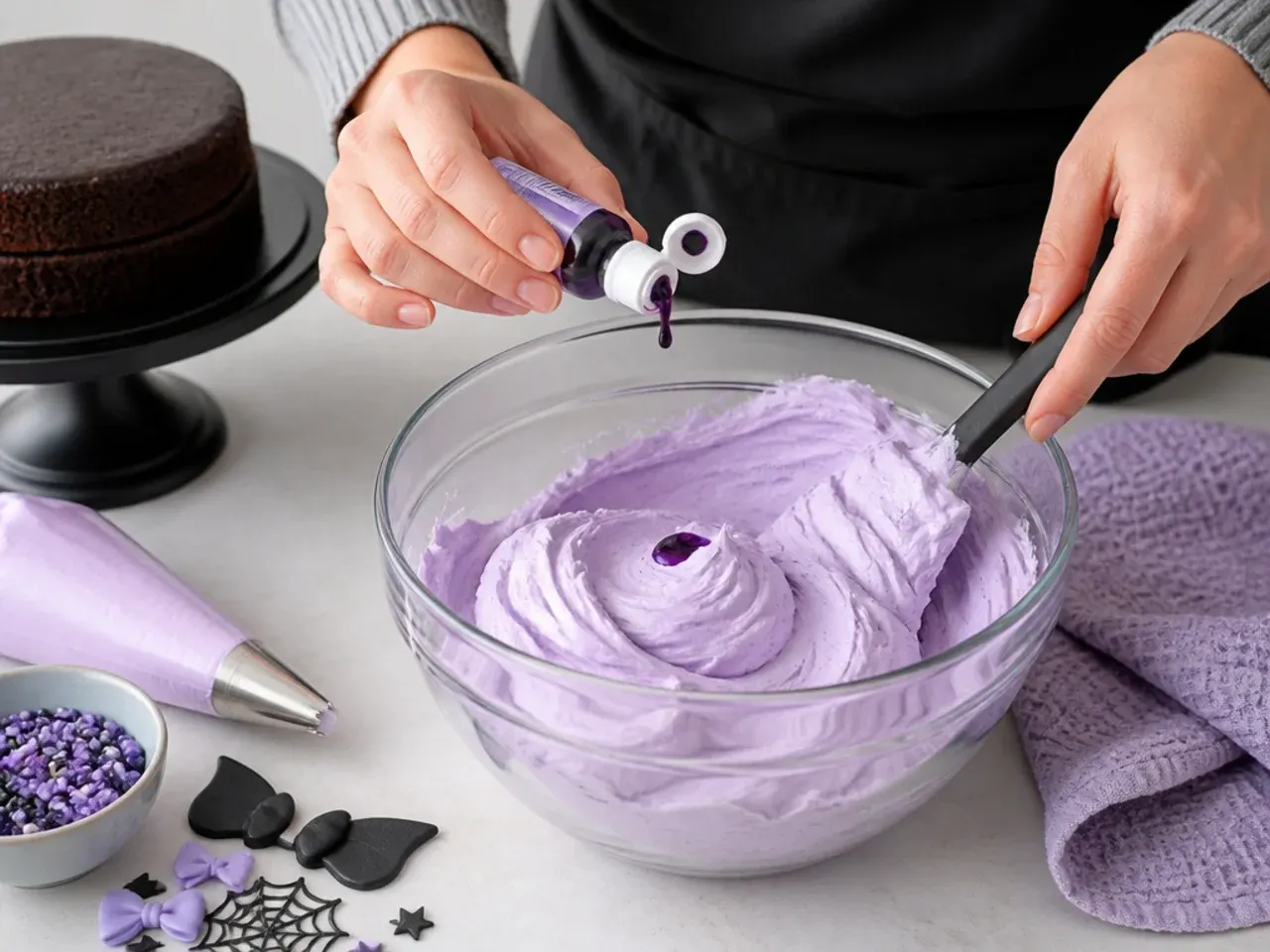 Baker tinting buttercream lilac with gel colour for kuromi cake ideas