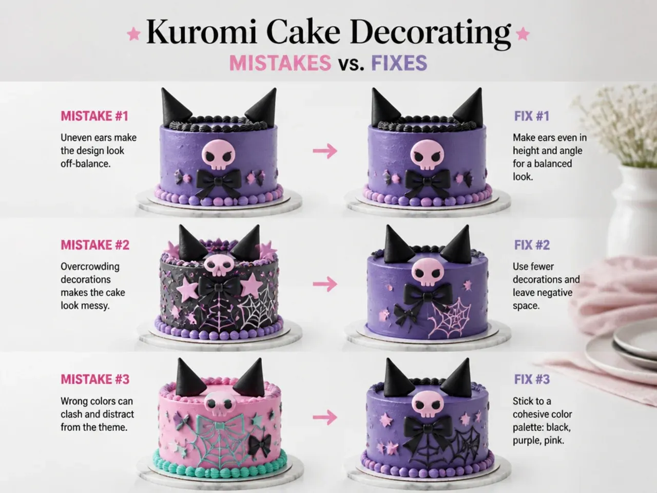 Side-by-side comparison of common kuromi cake decorating mistakes and fixes