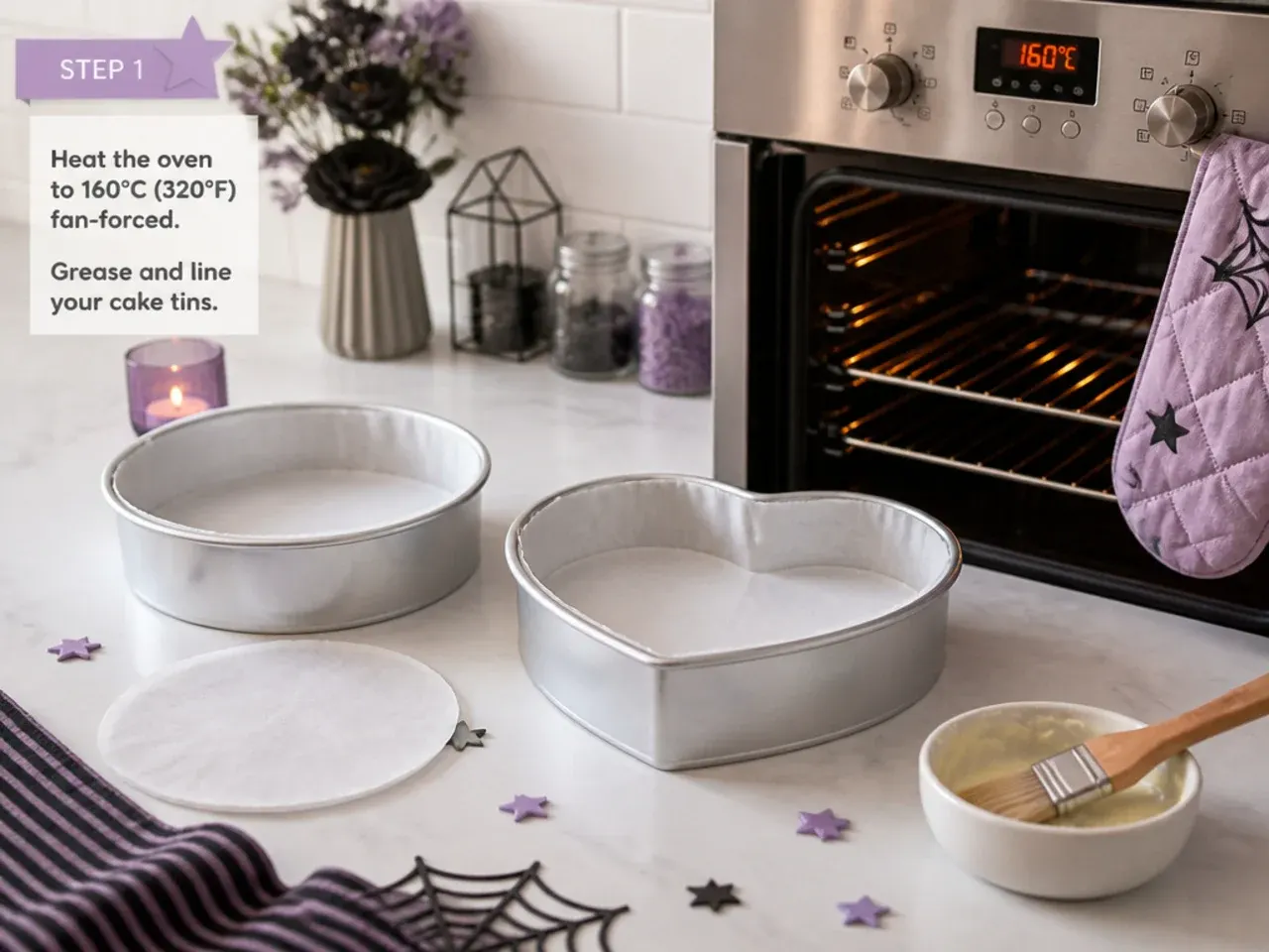 kuromi cake topper — step 1: heat the oven and prep the tins