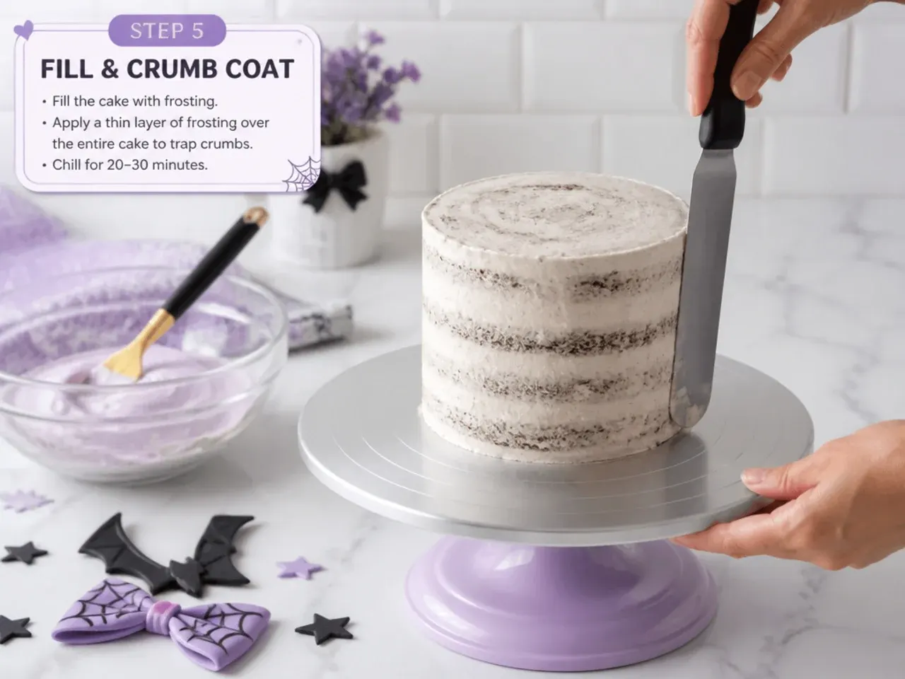kuromi cake topper — step 5: fill and crumb coat