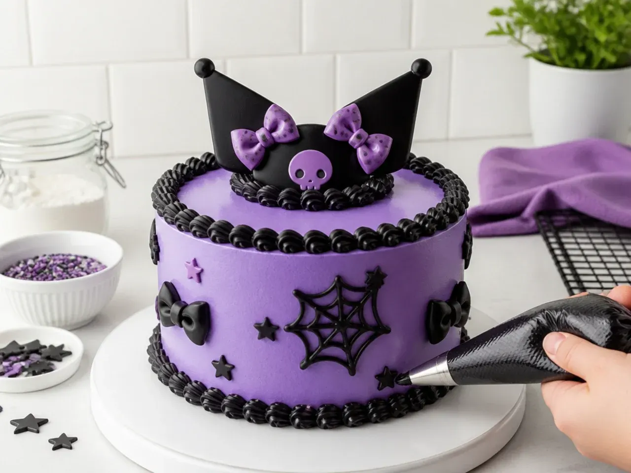 kuromi cake topper — step 6: final coat and piped border
