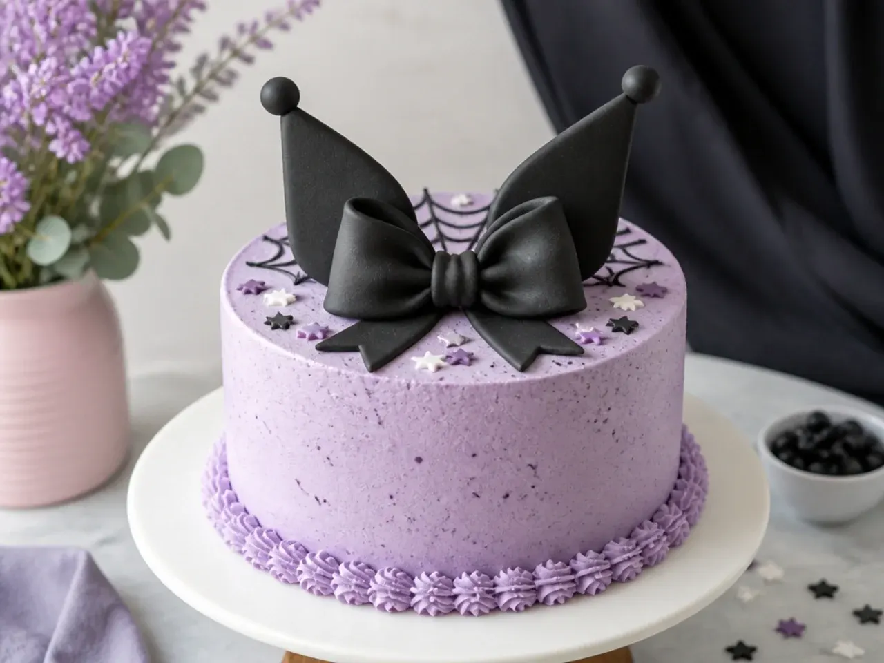 Black fondant bow and ears Kuromi cake topper on a purple buttercream cake