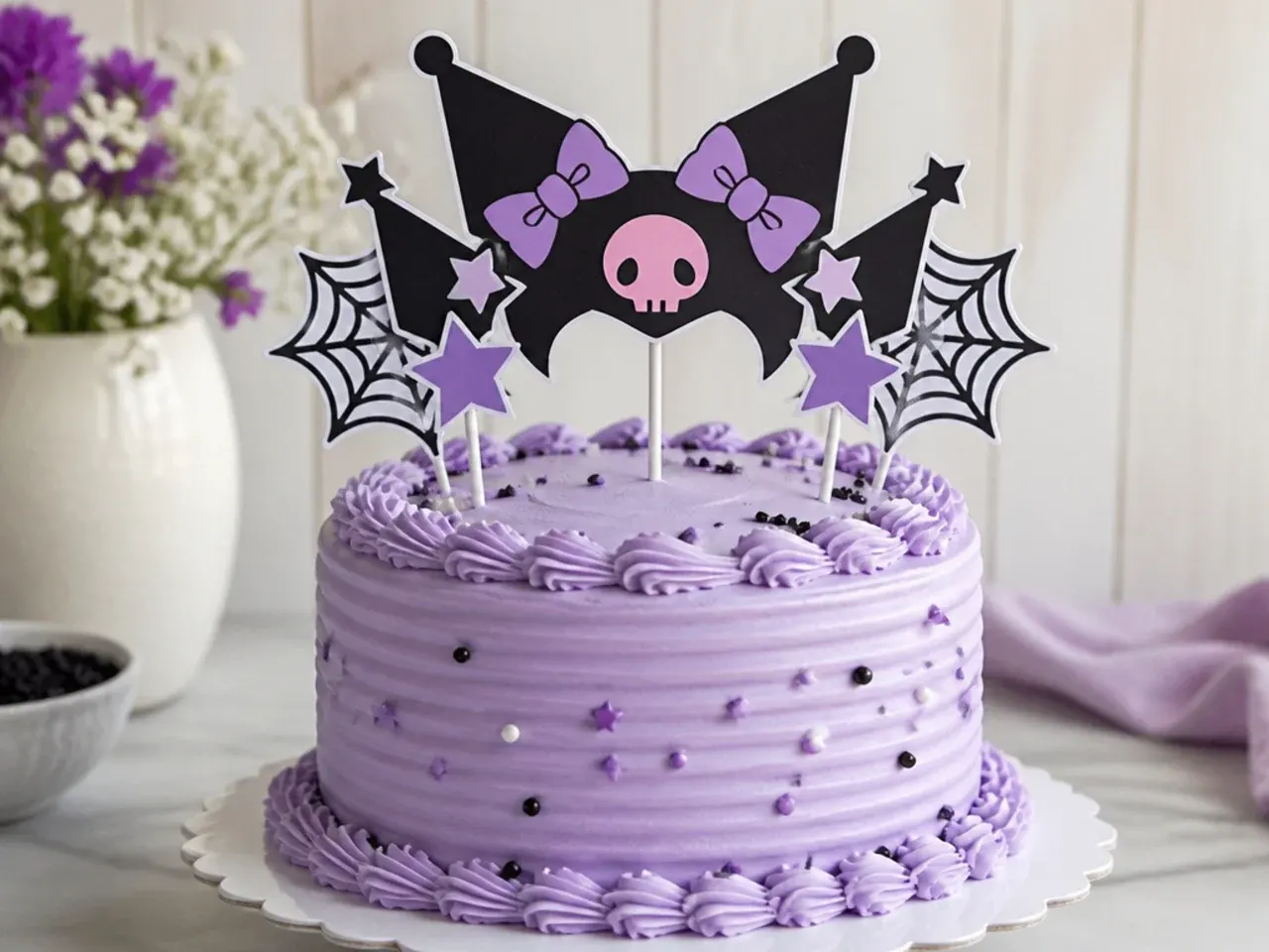 Easy printable Kuromi cake topper mounted on food-safe lollipop sticks