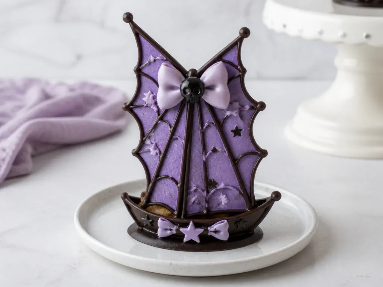 Elegant purple chocolate sail topper for a Kuromi themed cake
