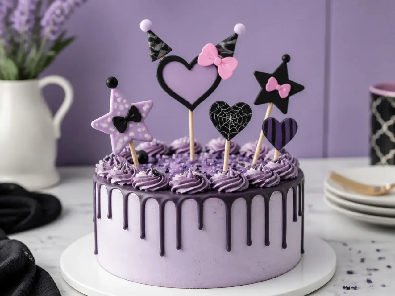Playful heart and star pick cluster as a Kuromi inspired cake topper