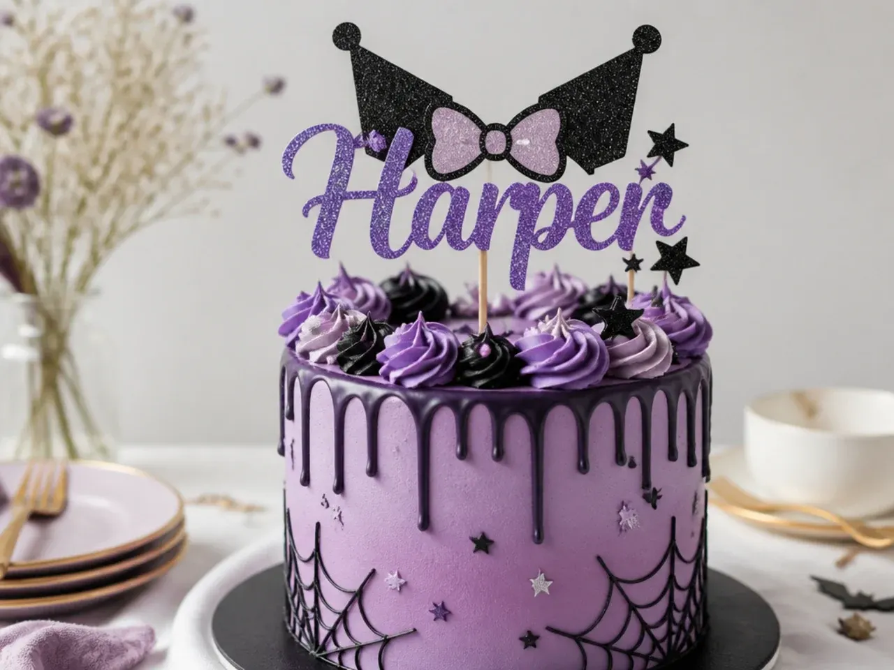 Modern glitter name topper on a purple Kuromi birthday cake
