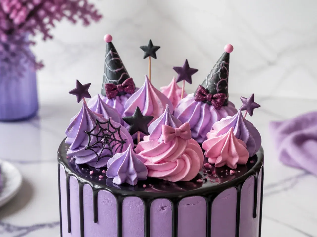 Purple and pink swirled meringue cloud toppers for a Kuromi cake