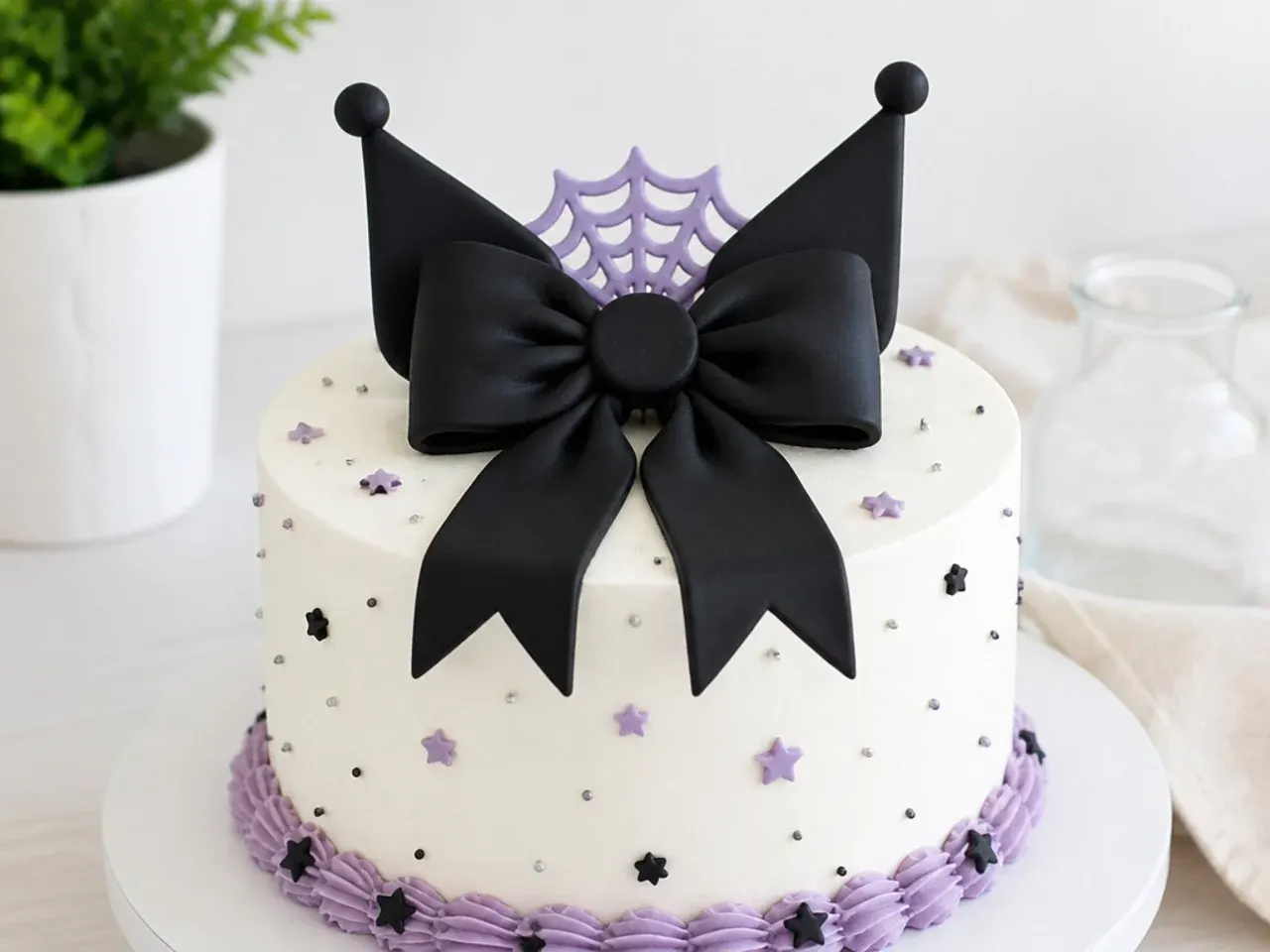 Minimal oversized black fondant bow Kuromi style cake topper