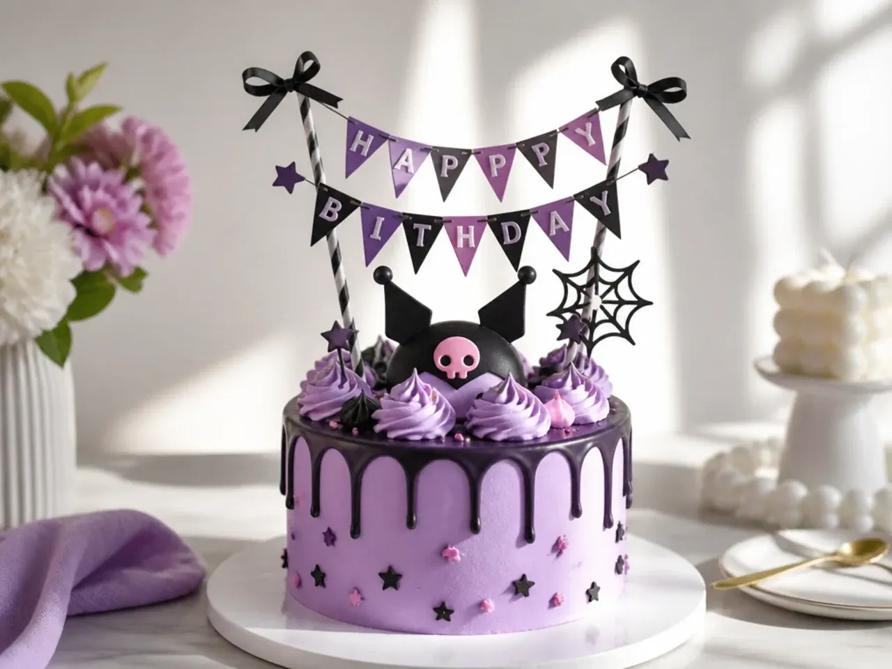 Festive mini bunting banner topper on a Kuromi themed birthday cake