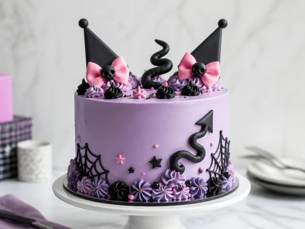 Whimsical black devil tail swirl toppers on a Kuromi inspired cake