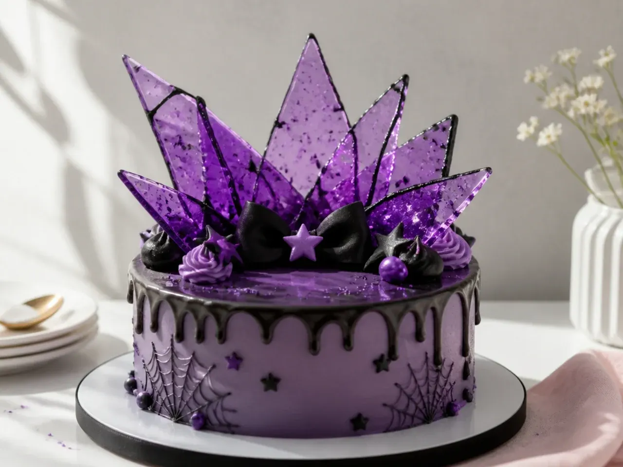 Bold purple candy glass shard topper for a Kuromi birthday cake