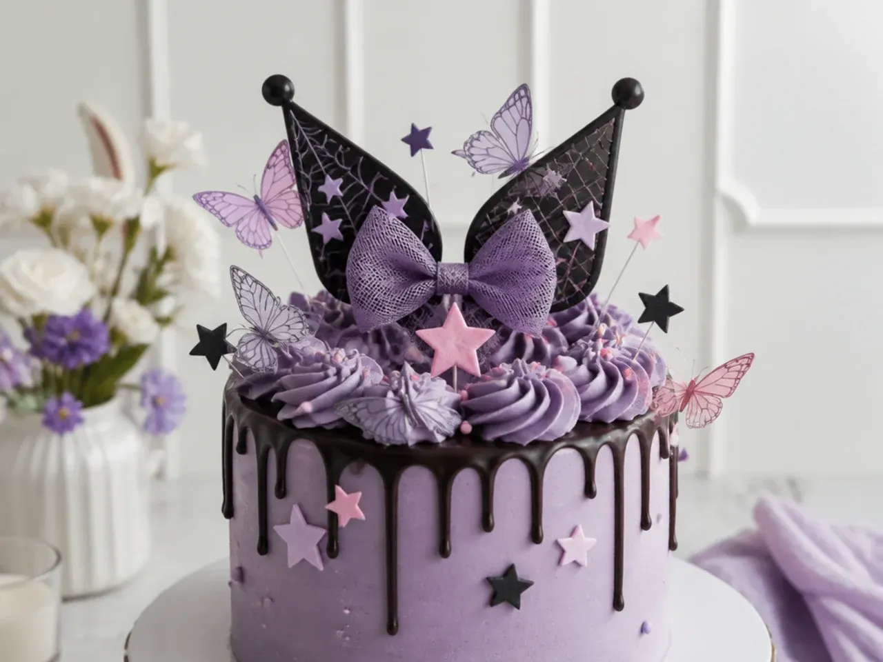 Delicate wafer paper stars and butterflies as Kuromi cake topper accents