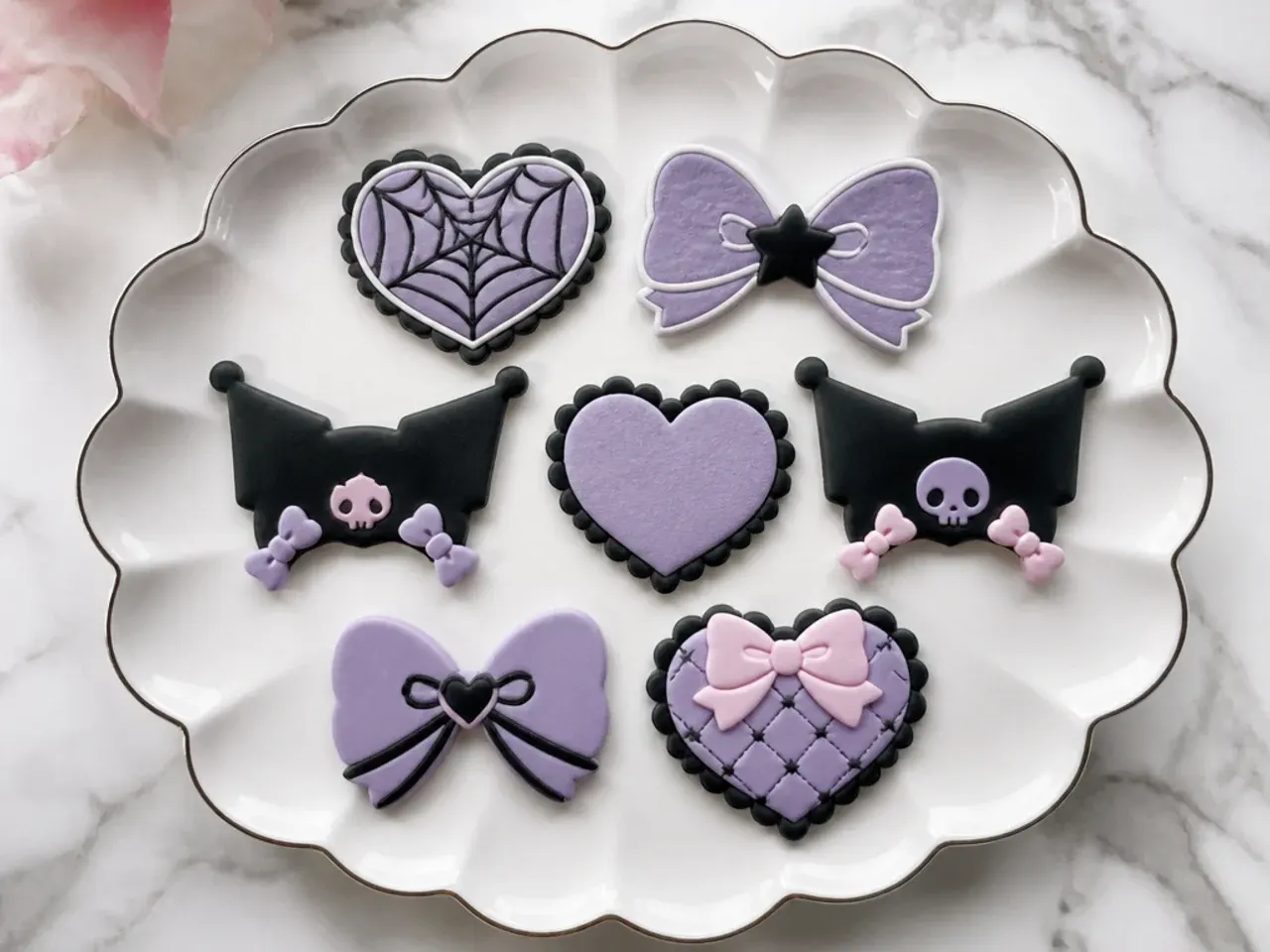 Vintage royal icing transfer hearts and bows for a Kuromi style cake topper