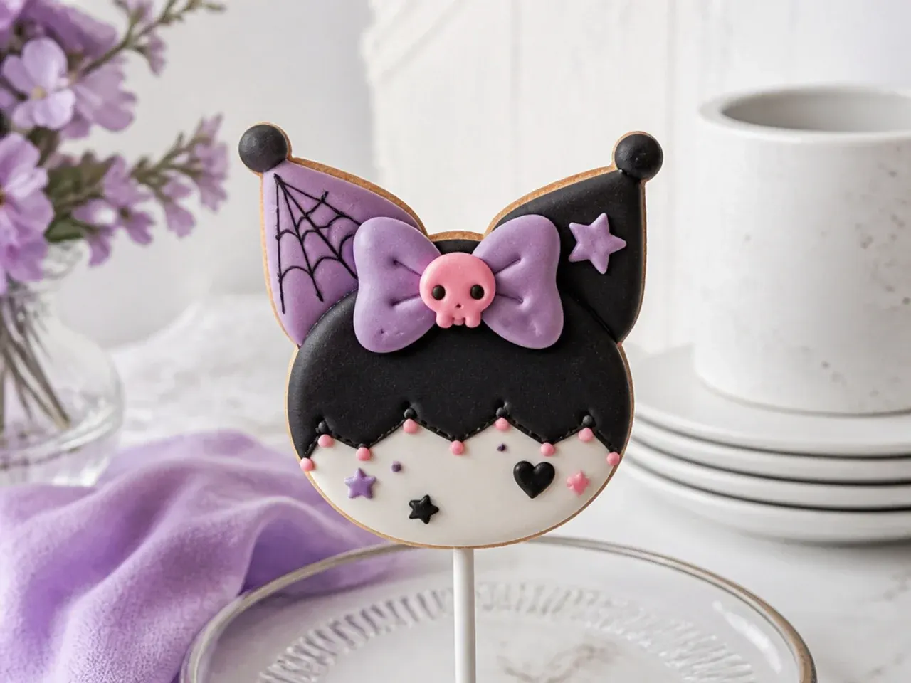 Creative decorated cookie topper on a stick for a Kuromi inspired cake