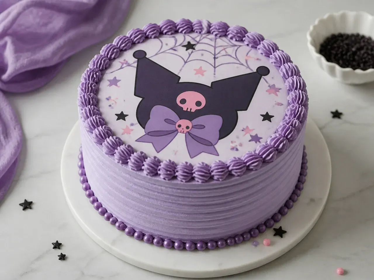Easy edible icing sheet Kuromi cake topper applied to buttercream