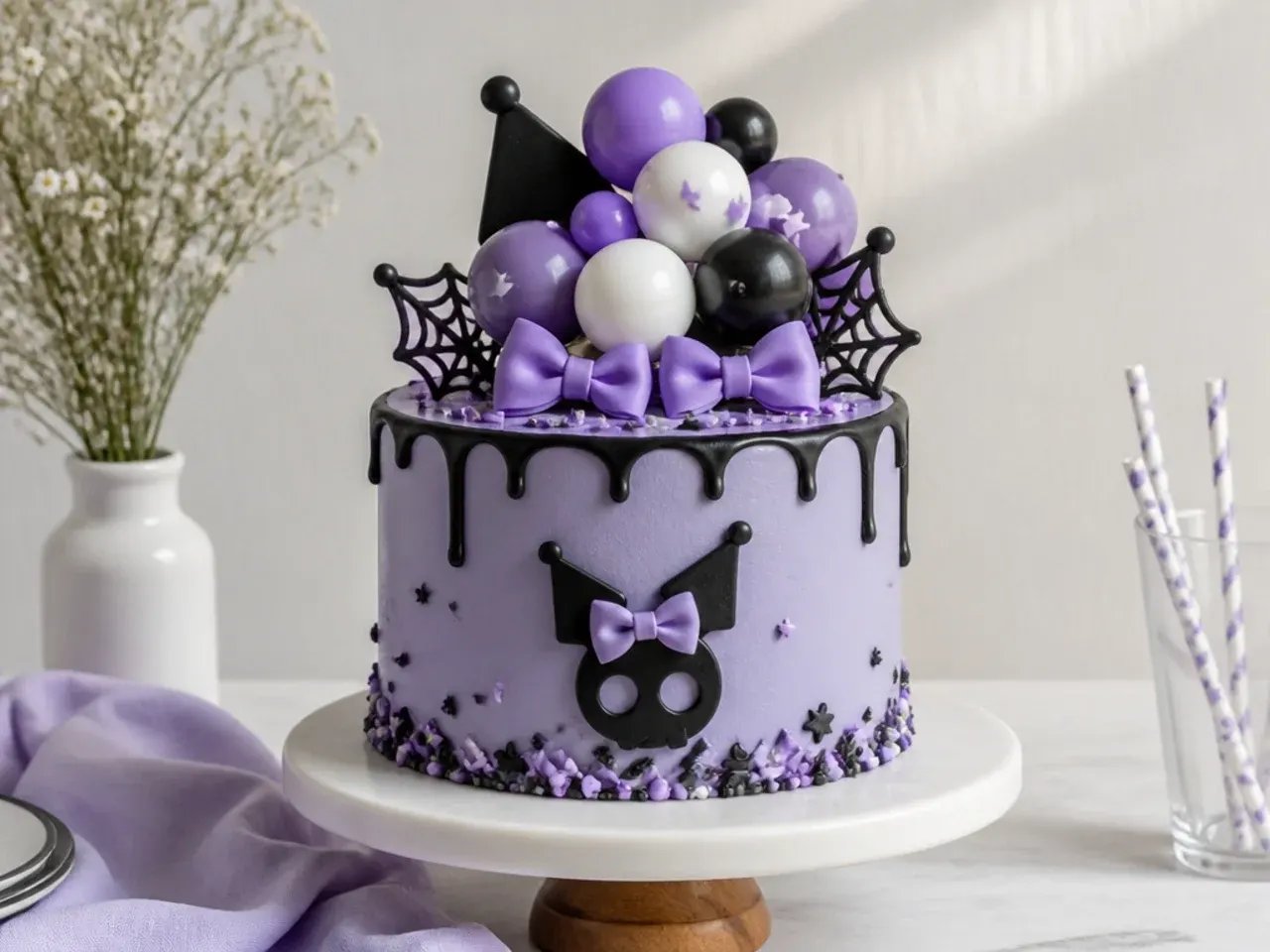 Playful mini balloon cluster topper on a purple Kuromi theme cake