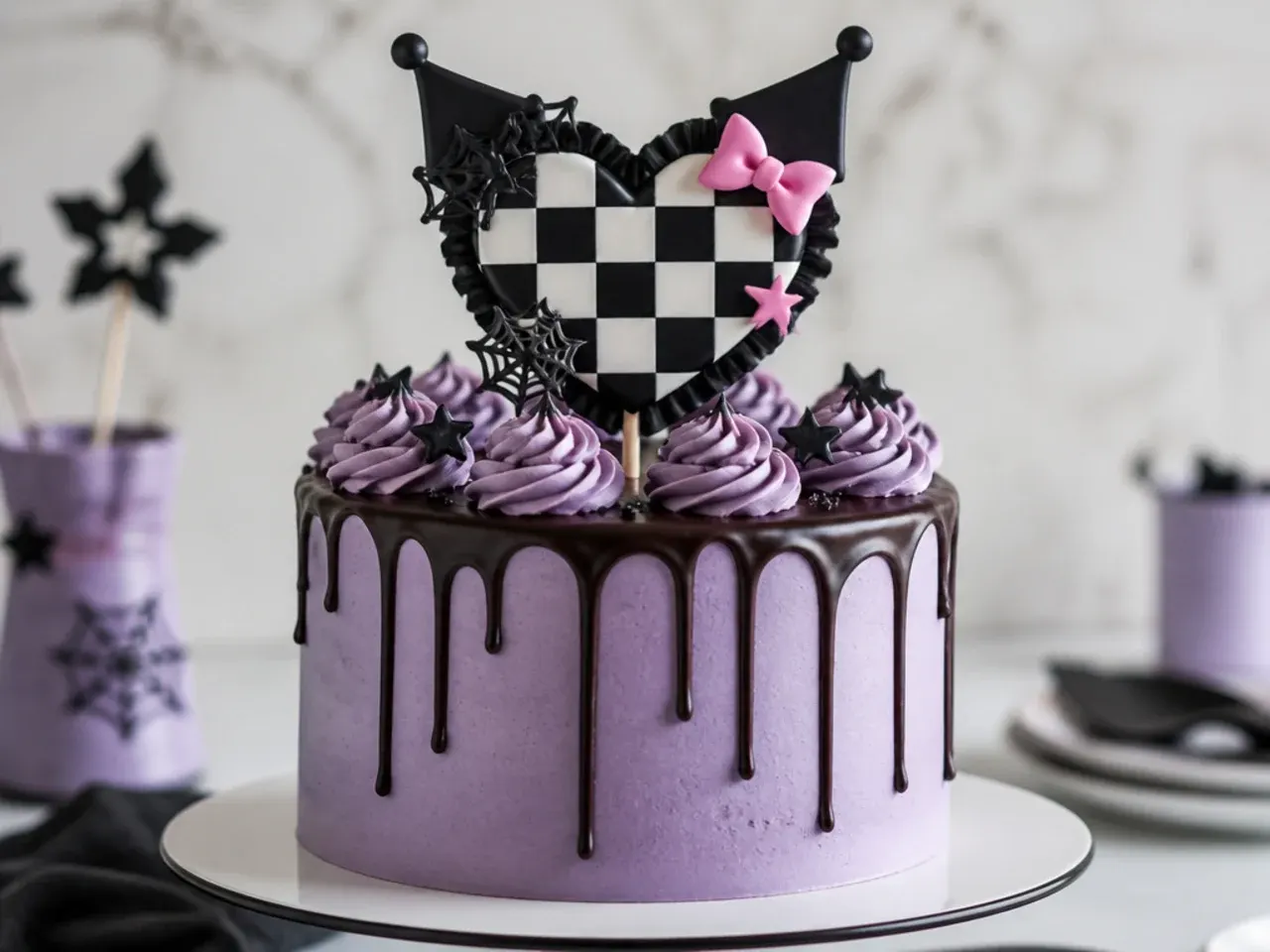 Modern black and white checkerboard heart Kuromi cake topper